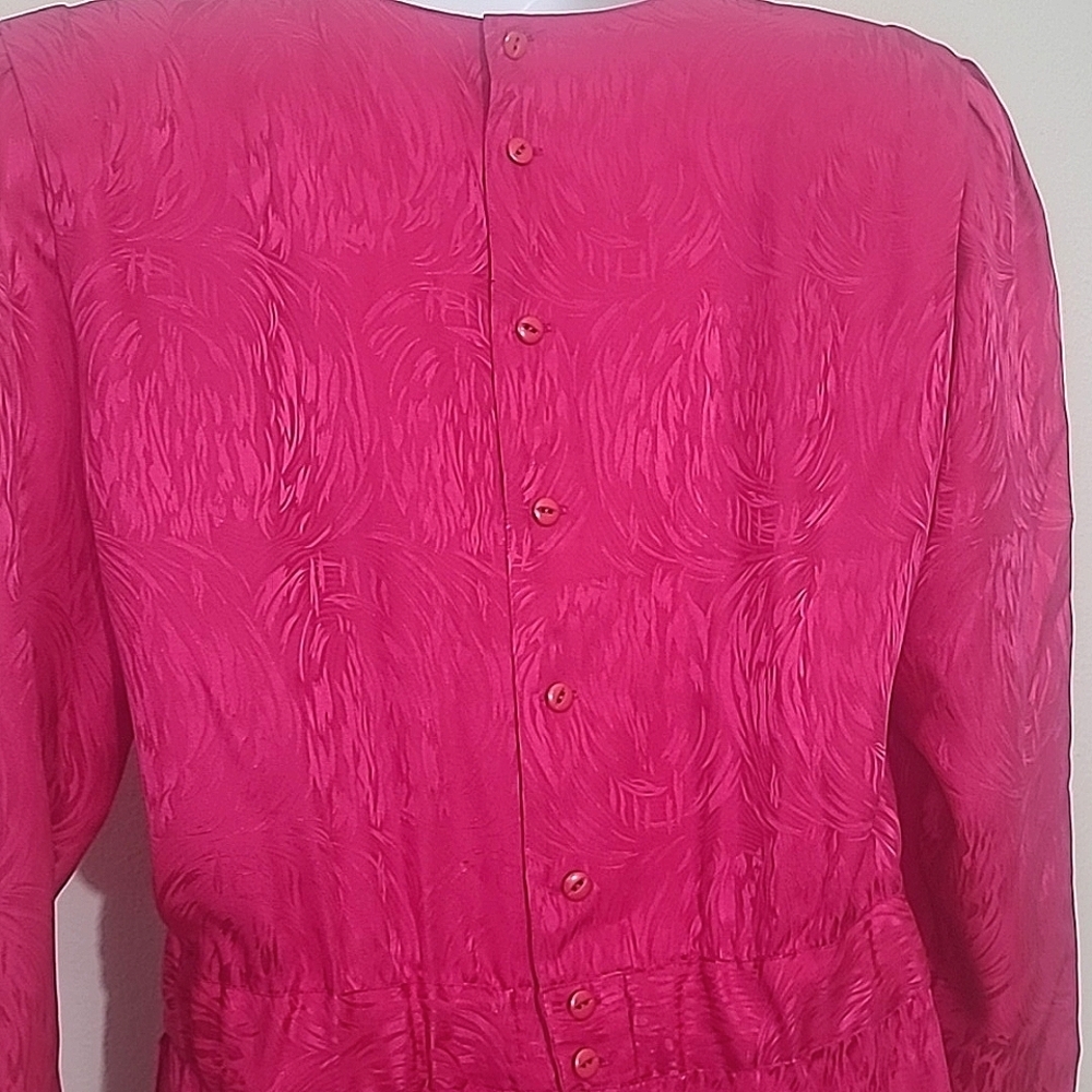 💖 Nora Noh 1980s Vintage Silk Midi Dress Bright Pink Moiré Size 8 Iconic Design - Picture 5 of 7